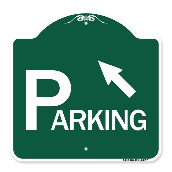 Parking W/ Arrow Pointing to Top Left, Green & White Aluminum Sign, 18" x 18", GW-1818-24517